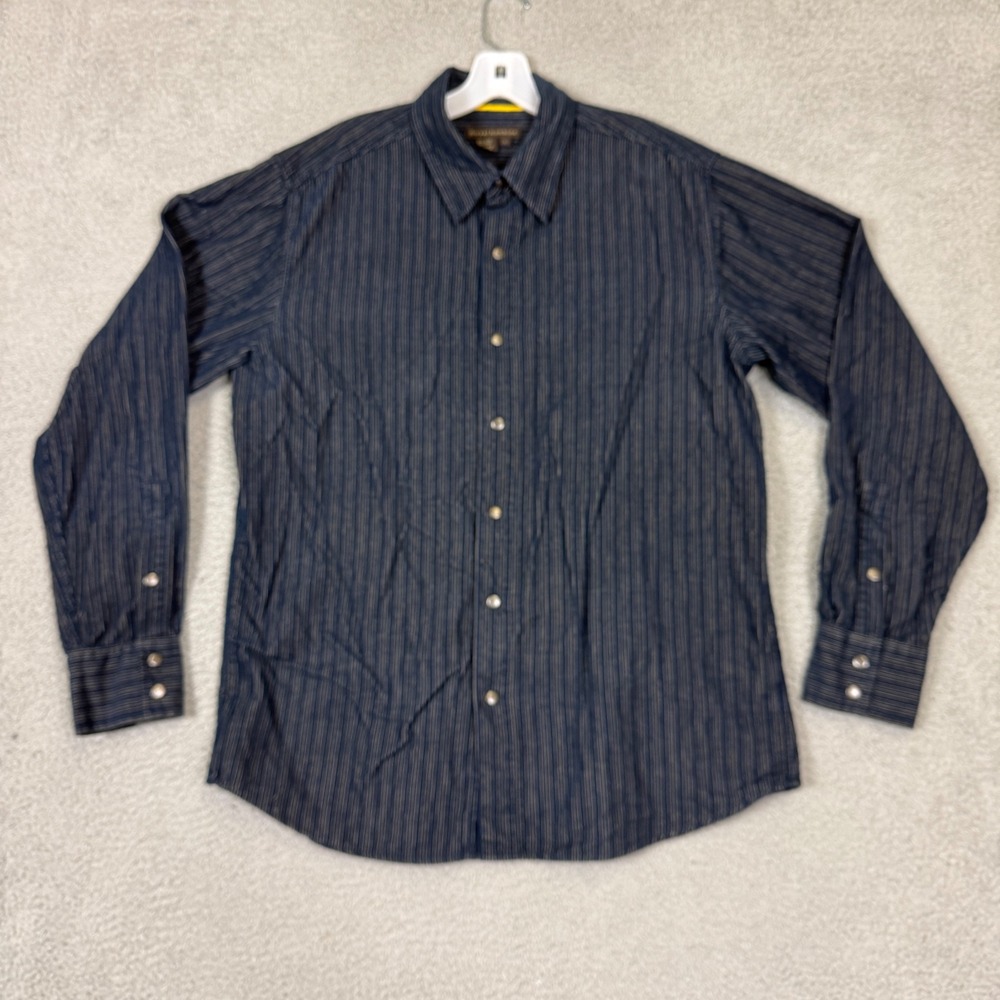 Royal Robbins Mens Large Navy Blue Striped Cotton Long Sleeve Button Down Shirt
